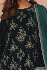Bottle Green Crush Velvet Embroidered Suit- Inching India