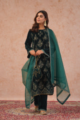 Bottle Green Crush Velvet Embroidered Suit- Inching India