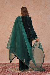Bottle Green Crush Velvet Embroidered Suit- Inching India