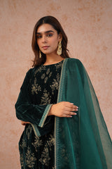 Bottle Green Crush Velvet Embroidered Suit- Inching India