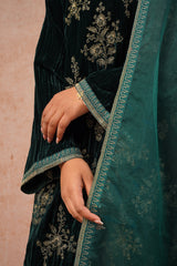 Bottle Green Crush Velvet Embroidered Suit- Inching India