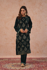 Bottle Green Crush Velvet Embroidered Suit- Inching India