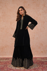 Black Velvet Embroidered Sharara Set- Inching India