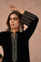 Black Velvet Embroidered Sharara Set- Inching India