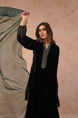 Black Velvet Embroidered Sharara Set- Inching India