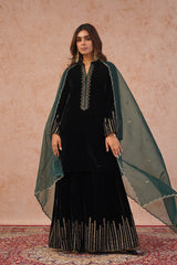 Black Velvet Embroidered Sharara Set- Inching India