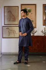 Naaz Navy Tone-on-Tone Embroidered Kurta for Men