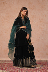 Black Velvet Embroidered Sharara Set- Inching India