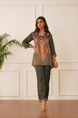 Beautiful Regal Olive Green Printed Co-ord Set For Women