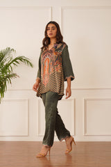 Beautiful Regal Olive Green Printed Co-ord Set For Women