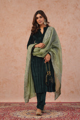 Embroidered Green Velvet Suit Set with Dupatta -Inching India
