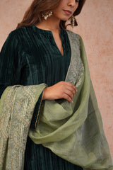 Embroidered Green Velvet Suit Set with Dupatta -Inching India