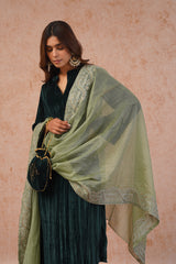 Embroidered Green Velvet Suit Set with Dupatta -Inching India