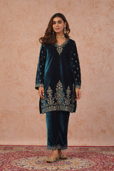 Teal Blue Velvet Embroidered Suit- Inching India
