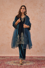 Teal Blue Velvet Embroidered Suit- Inching India