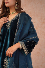 Teal Blue Velvet Embroidered Suit- Inching India