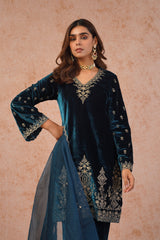 Teal Blue Velvet Embroidered Suit- Inching India