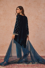 Teal Blue Velvet Embroidered Suit- Inching India