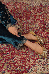 Teal Blue Velvet Embroidered Suit- Inching India
