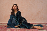 Teal Blue Velvet Embroidered Suit- Inching India