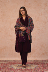 Wine Velvet Suit with Woven Chanderi Dupatta- Inching India
