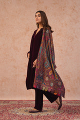 Wine Velvet Suit with Woven Chanderi Dupatta- Inching India