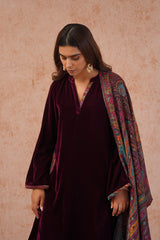 Wine Velvet Suit with Woven Chanderi Dupatta- Inching India