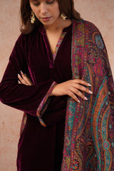 Wine Velvet Suit with Woven Chanderi Dupatta- Inching India