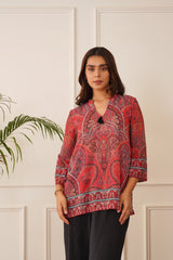 Red Printed Top with Black Pleated Pants