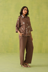 Brown Linen Embroidered Top For Women-inching india