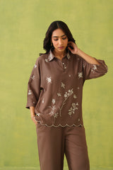 Brown Linen Embroidered Top For Women-inching india