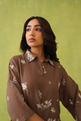 Brown Linen Embroidered Top For Women-inching india