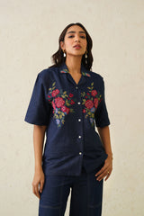 Indigo Bloom Denim Top For Women-inching india