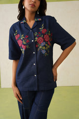 Indigo Bloom Denim Top For Women-inching india