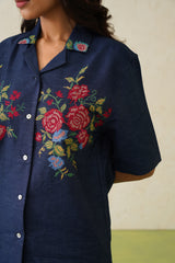 Indigo Bloom Denim Top For Women-inching india