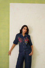 Indigo Bloom Denim Top For Women-inching india
