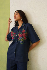 Indigo Bloom Denim Top For Women-inching india