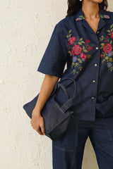 Indigo Bloom Denim Top For Women-inching india