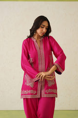 Hot Pink Paisley Embroidered Dhoti Set- Inching India