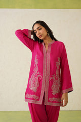 Hot Pink Paisley Embroidered Dhoti Set- Inching India