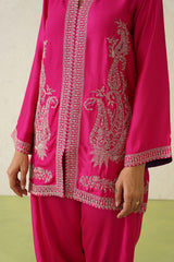 Hot Pink Paisley Embroidered Dhoti Set- Inching India