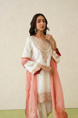 Noor Cream Embroidered Set with Organza Dupatta- Inching India