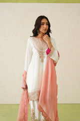 Noor Cream Embroidered Set with Organza Dupatta- Inching India