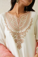 Noor Cream Embroidered Set with Organza Dupatta- Inching India