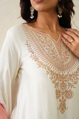 Noor Cream Embroidered Set with Organza Dupatta- Inching India