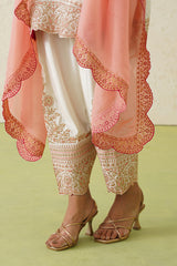 Noor Cream Embroidered Set with Organza Dupatta- Inching India
