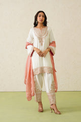 Noor Cream Embroidered Set with Organza Dupatta- Inching India
