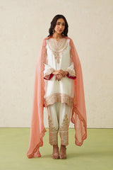Noor Cream Embroidered Set with Organza Dupatta- Inching India