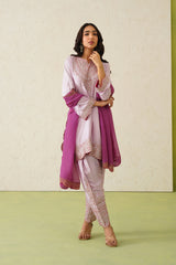 Noor Pink Embroidered Set with Organza Dupatta- Inchingindia