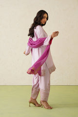 Noor Pink Embroidered Set with Organza Dupatta- Inchingindia